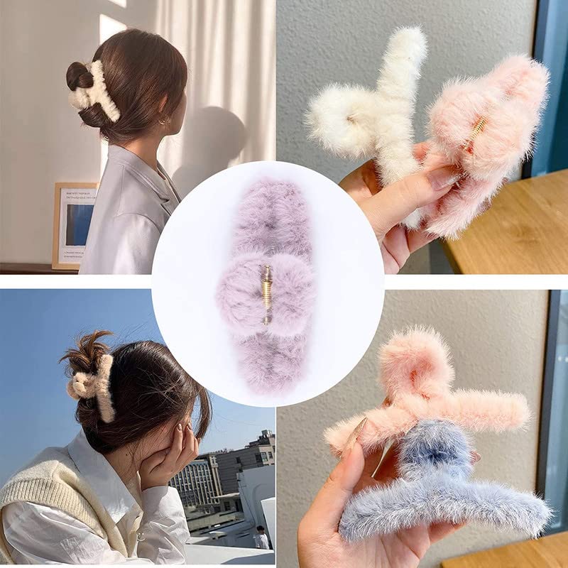 BELICIA 4 Pack Large Faux Fur Hair Claw Clips - Soft Plush Hair Barrettes for Women, Jaw Clamp Clips for Thick Hair - Perfect for Half Up Buns, Ponytails & Everyday Hairstyles