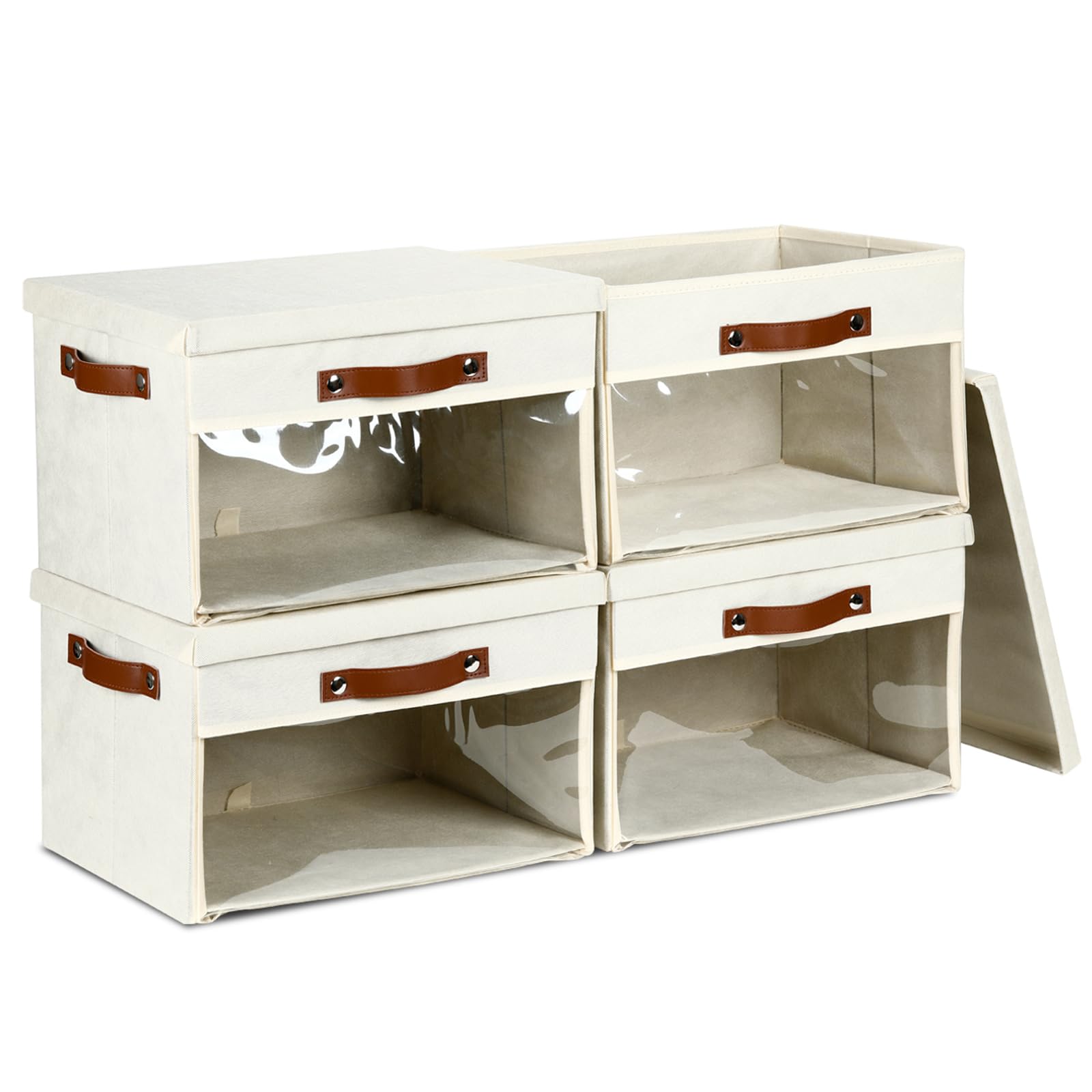 Bidtakay 4-Pack Collapsible Storage Bins with Lids & Clear Windows - 15 x 11 Inch Fabric Closet Organizer Baskets with Handles for Shelves, Clothes, Toys & Home Organization (Ivory) - Perfect for Bedroom, Closet, Nursery & Office Storage Solutions