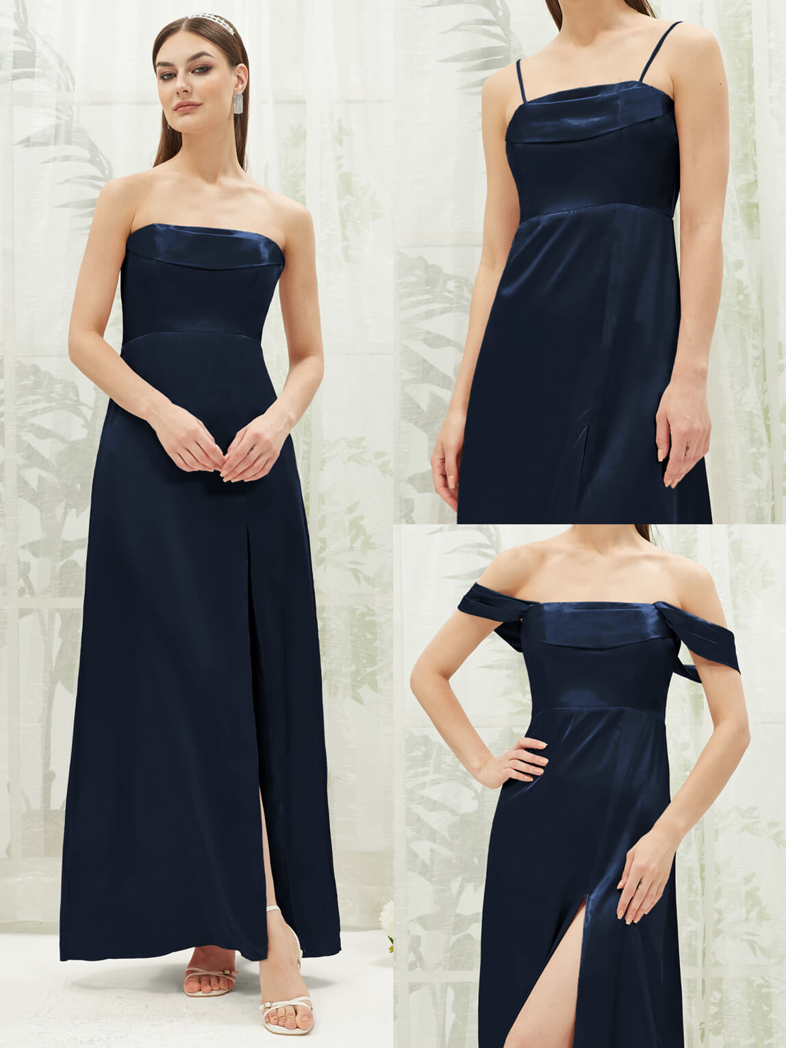Elegant Dark Navy Satin Convertible Bridesmaid Dress with High Slit & Floor Length - Perfect for Weddings, Formal Events & Evening Parties
