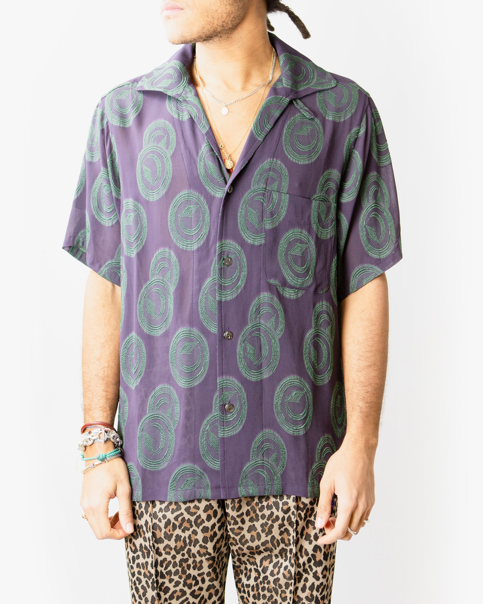 Italian Collar Short Sleeve Shirt for Men - Purple & Green Ring Cut Jacquard Rayon Button Up Shirt - Casual Summer Wear for Office, Travel & Date Nights