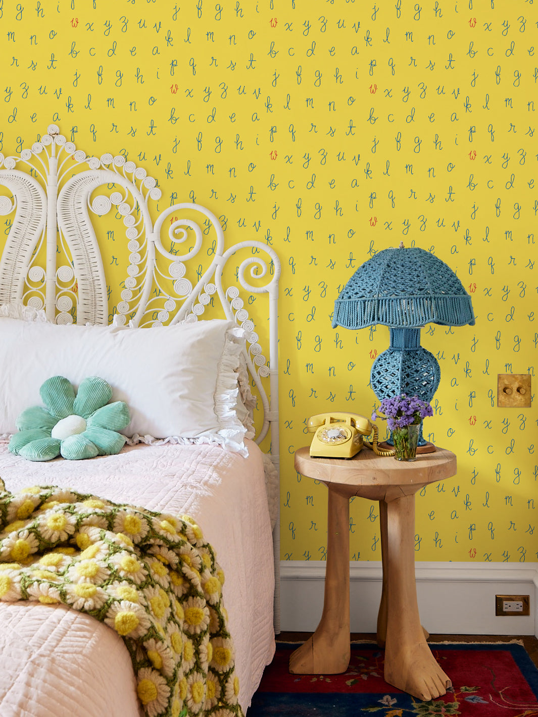 LF Alphabet Wallpaper by Lingua Franca - Daffodil Yellow with Red Accent Letters | Nursery Decor, Kids Room Wallpaper, Playroom Accent Wall