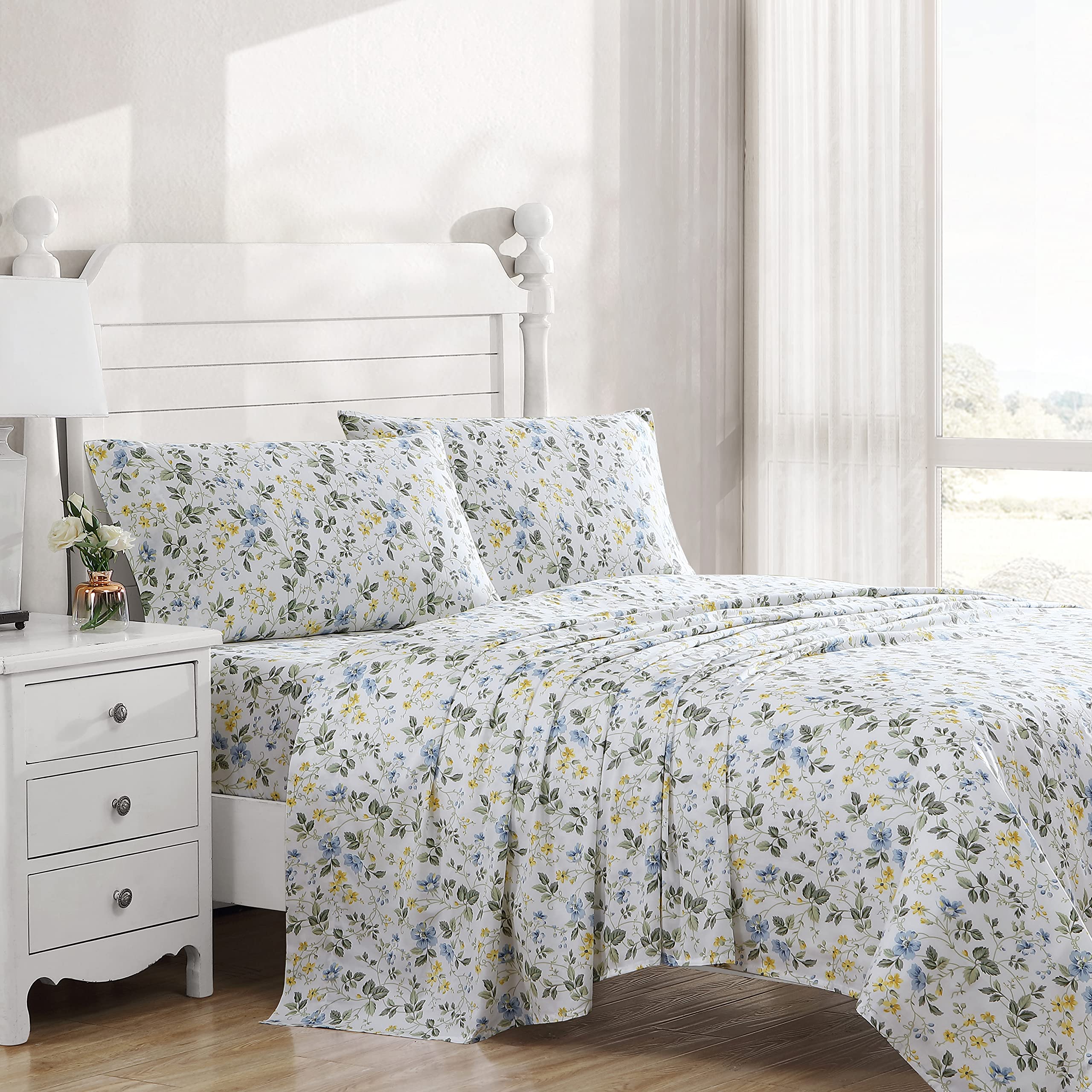 Laura Ashley Home - Queen Size 4-Piece Sateen Cotton Bedsheet Set | Ultra Soft & Breathable Bedding | Meadow Floral Blue Design | Perfect for Master Bedroom, Guest Room & Vacation Homes