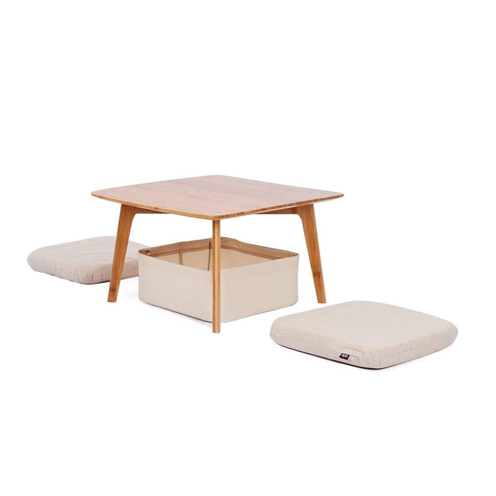 Premium Bamboo Coffee End Table with 2 Sponge Cushions - Square Tatami Style Side Table with Canvas Storage Basket - Modern Living Room Furniture for Small Spaces (Perfect for Reading Nook, Bedroom Decor & Apartment Essentials)