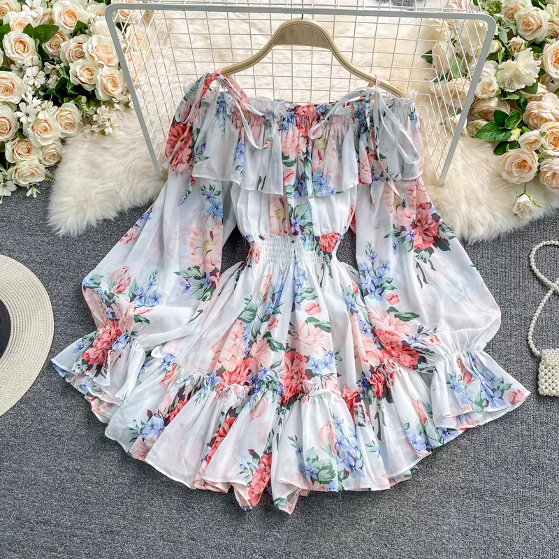 Off The Shoulder Printed Chiffon Jumpsuit - Women's Loose Shorts Romper with Skirt Design | Perfect for Summer Beach, Vacation & Boho Fashion Outfits