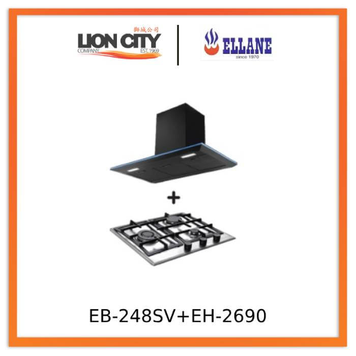 Ellane EH 2690 90cm Black Designer Chimney Range Hood + Ellane EB 248SV 3 Burner Stainless Steel Gas Cooktop with Safety Features - Perfect for Modern Kitchen Ventilation and Cooking