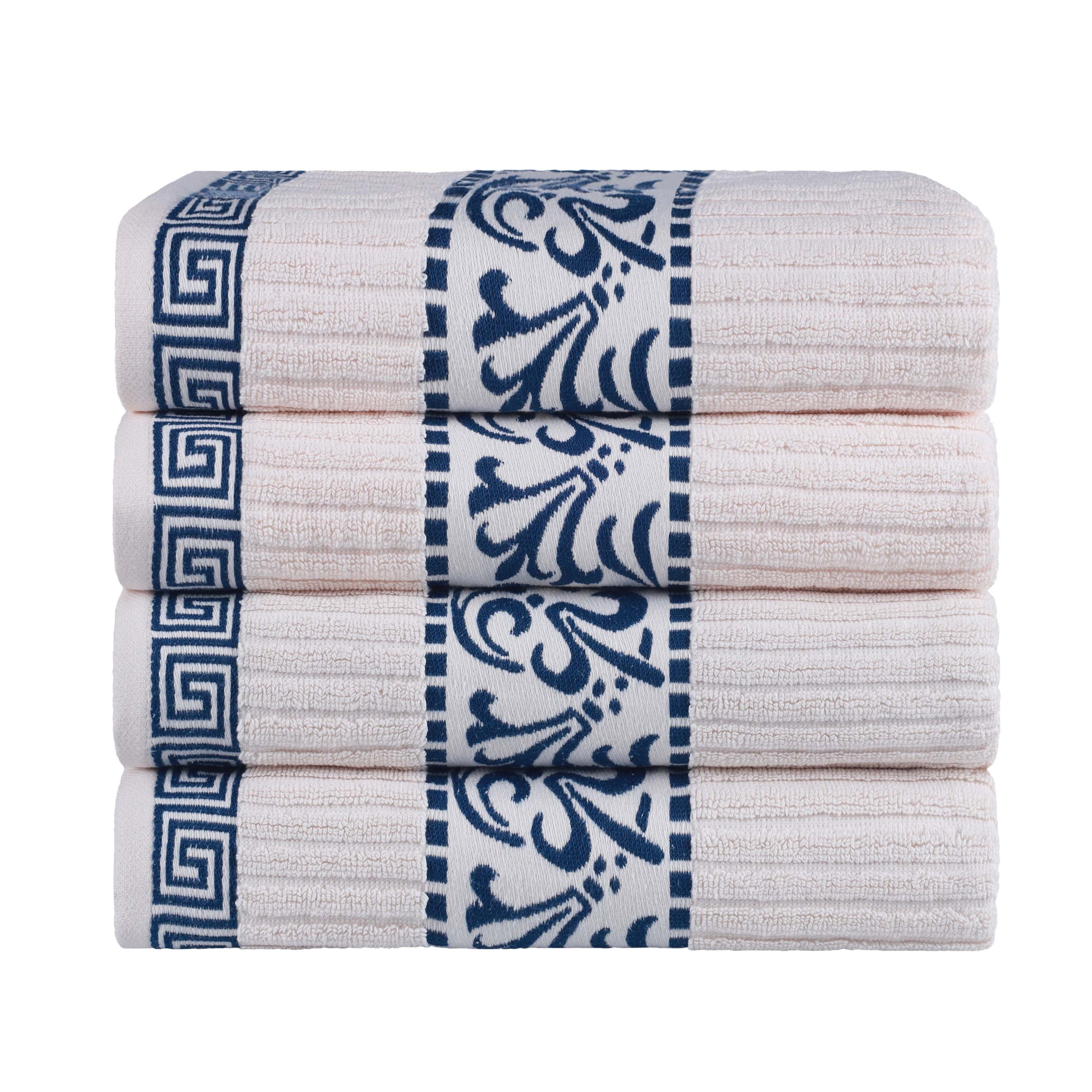Premium Athens Cotton Greek Scroll & Floral 4-Piece Bath Towel Set - Soft & Absorbent for Spa, Bathroom & Guest Room Decor