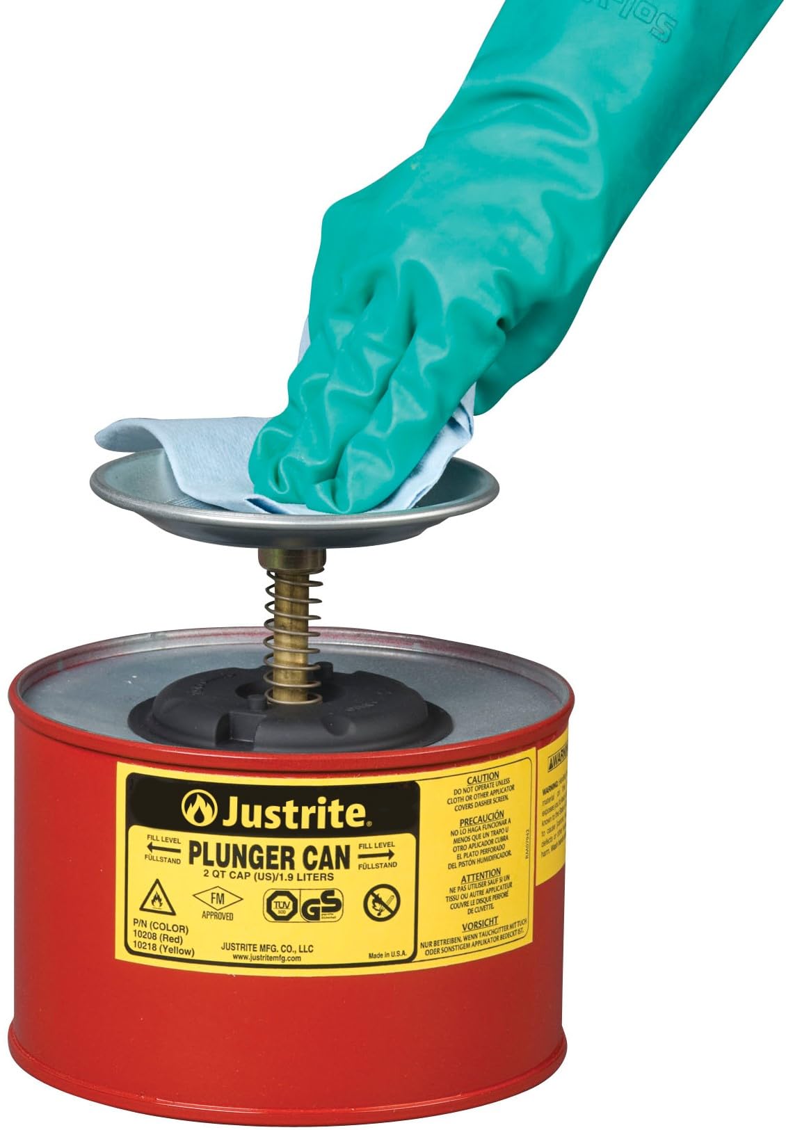 Justrite 2-Quart Steel Push-Down Solvent Dispenser Can - Industrial Solvent Storage & Dispensing Solution for Workshops & Garages | Made in USA | Red (Model 10208) | Ideal for Automotive, Painting & Industrial Cleaning Applications