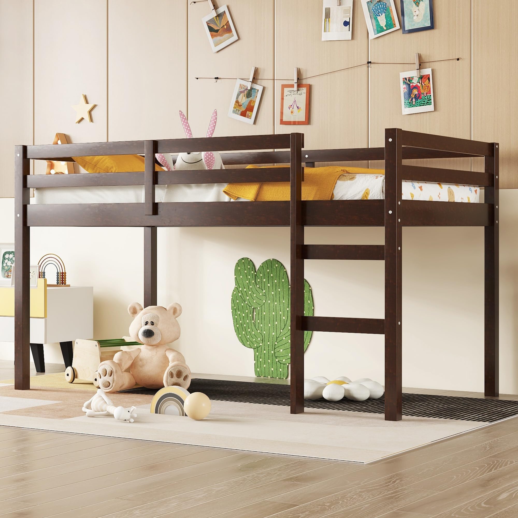 Bellemave Twin Size Wooden Loft Bed for Kids with Ladder - Low Bunk Bed in Espresso Finish - Perfect for Small Bedrooms, Dorm Rooms & Space-Saving Kids' Rooms