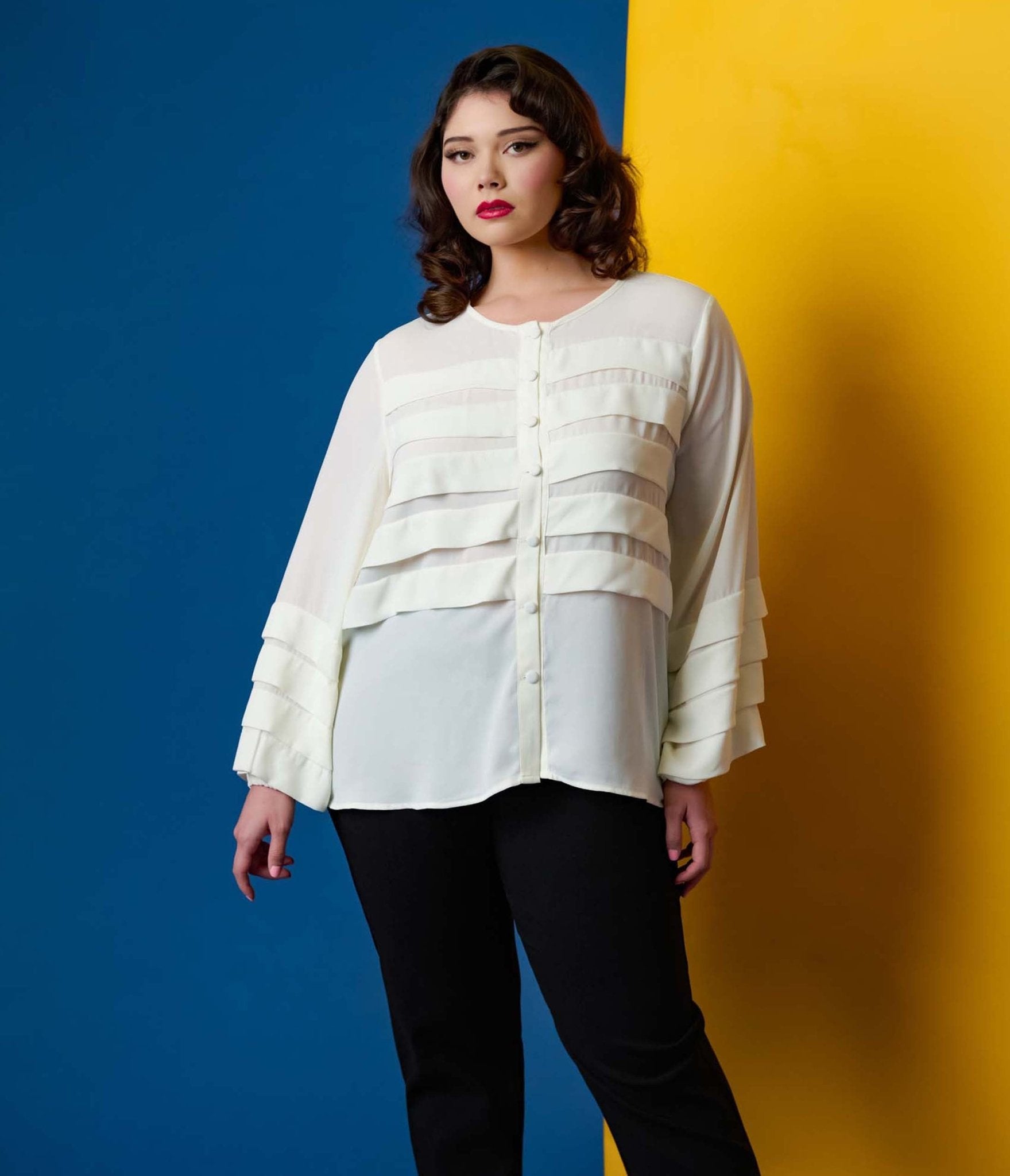 Smak Parlour Plus Size 1960s Vintage Cream Pleated Front Blouse - Retro Office Wear & Special Occasion Outfit