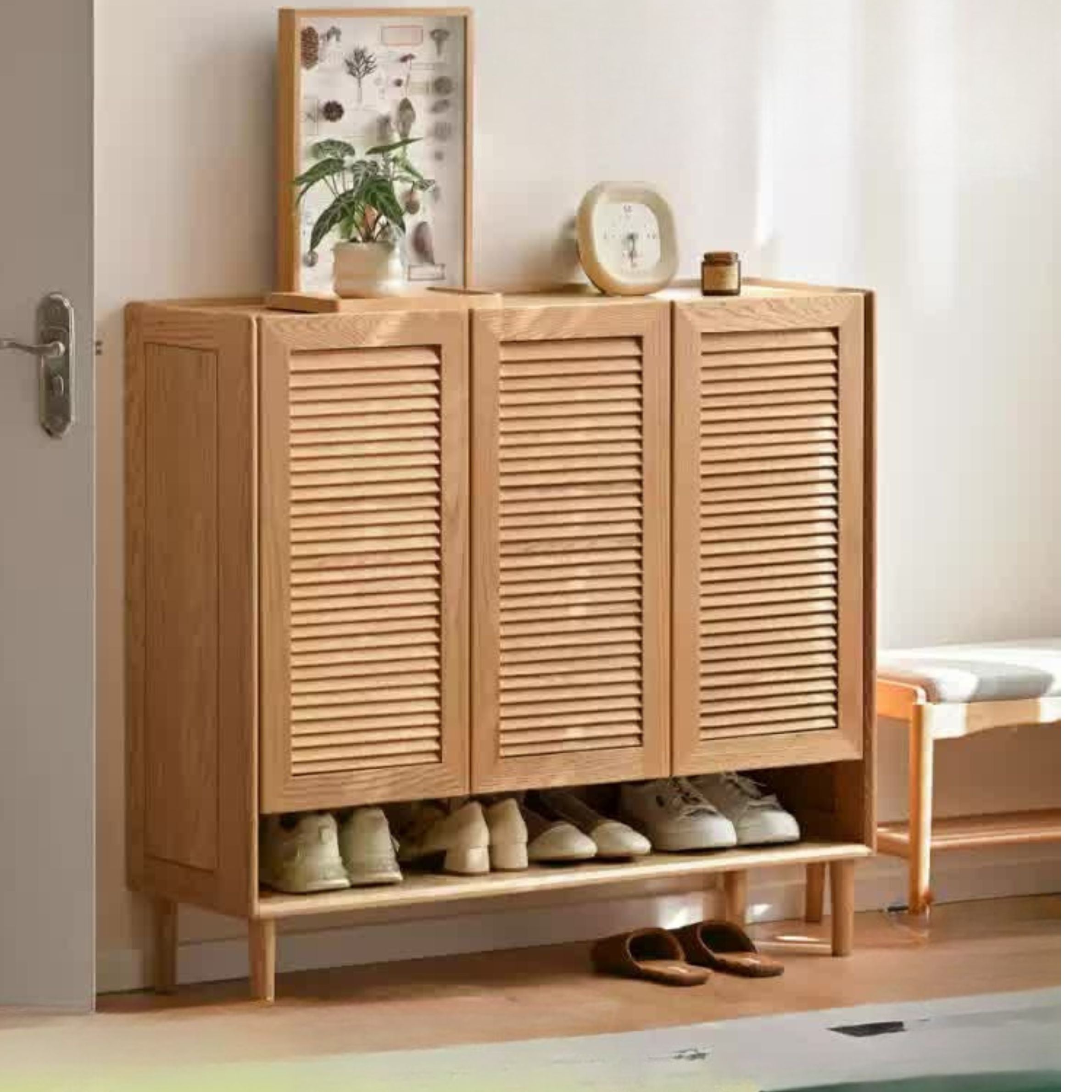 Solid Oak Wood Modern Shoe Cabinet with Storage - Stylish Entryway Organizer for Home & Office