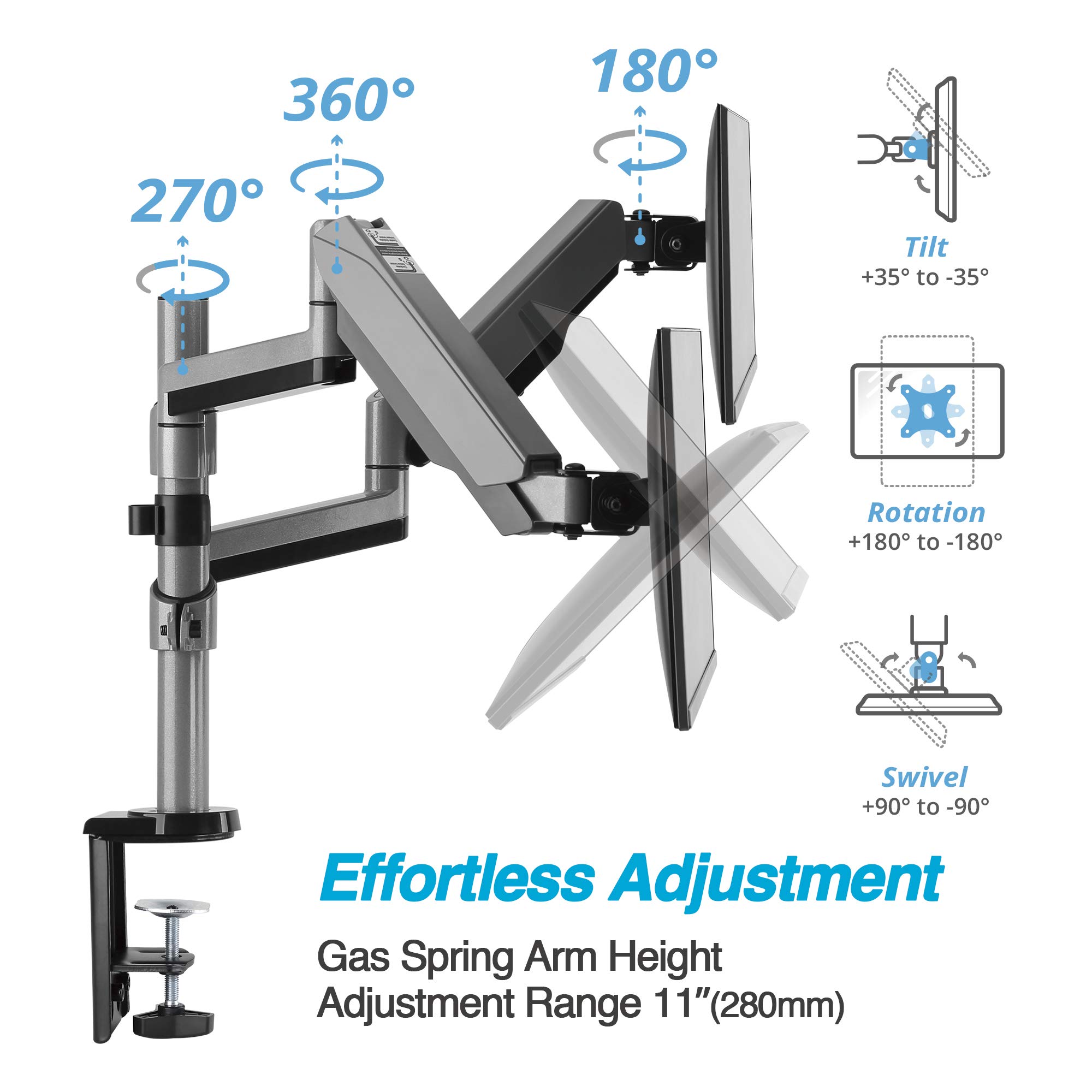AVLT Dual 13-27 Inch Adjustable Monitor Arm for Two Flat or Curved Screens - Full Motion Height Swivel Tilt Rotation - VESA C-Clamp Grommet Mount with Cable Management - Perfect for Home Office Gaming and Workspace Setup