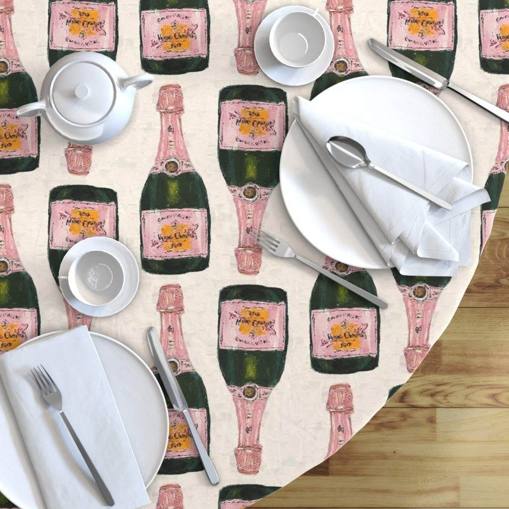 Custom Pink Champagne Bottles Print Cotton Sateen Tablecloth - 70 Inch Round Cocktail Party Table Linens for Celebrations, Weddings & Special Events