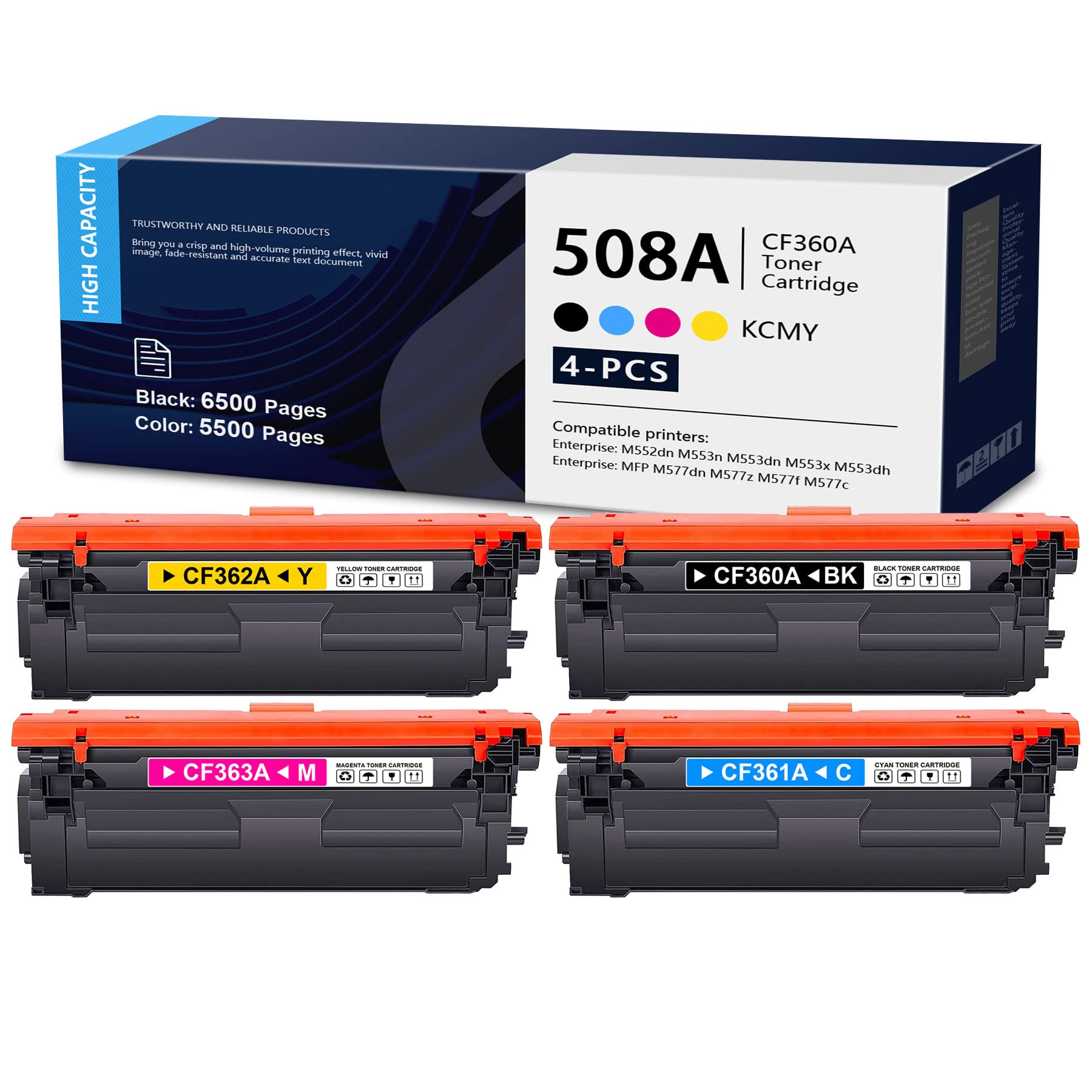 DOPHEN 508A Toner Cartridge Set (4-Pack) - Compatible with HP 508A CF360A CF361A CF362A CF363A for M552dn M553n M553x M553dh M577dn M577f M577c Printers | High-Yield Replacement Ink for Office & Home Printing