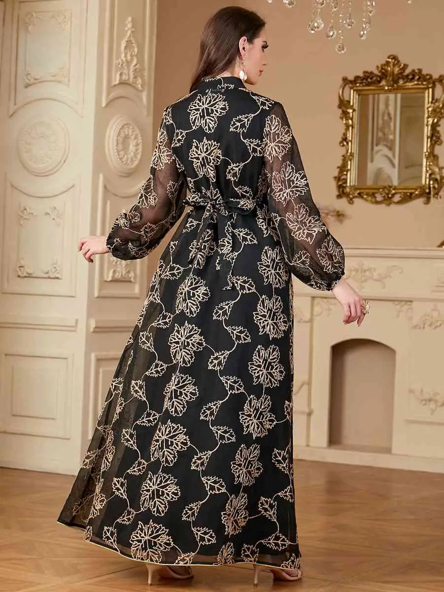 2 Piece Eid Embroidery Dress Set - Flowy Caftan Kaftan with Matching Sleeveless Inner Dress | Elegant Muslim Women's Outfit for Eid Celebrations, Parties & Special Occasions