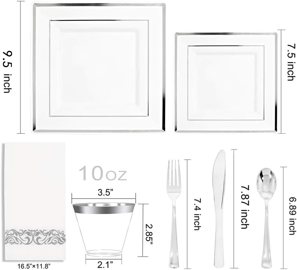 50-Pack Silver Plastic Plates with Disposable Cutlery Set - Square Dinner Plates, Silver Plastic Cups & Utensils for Wedding, Party, Banquet & Catering Events - Elegant Disposable Tableware for Easy Cleanup