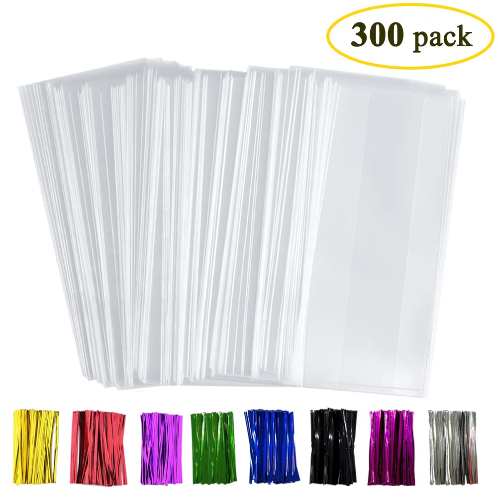 300 Pack 4” x 9” Clear Plastic Treat Bags with Side Gusset - Cookie Bags, Pastry Bags, Candy Bags - Includes Colorful Twist Ties - Perfect for Bakery, Party Favors, Wedding Treats & Gift Packaging (Translucent)