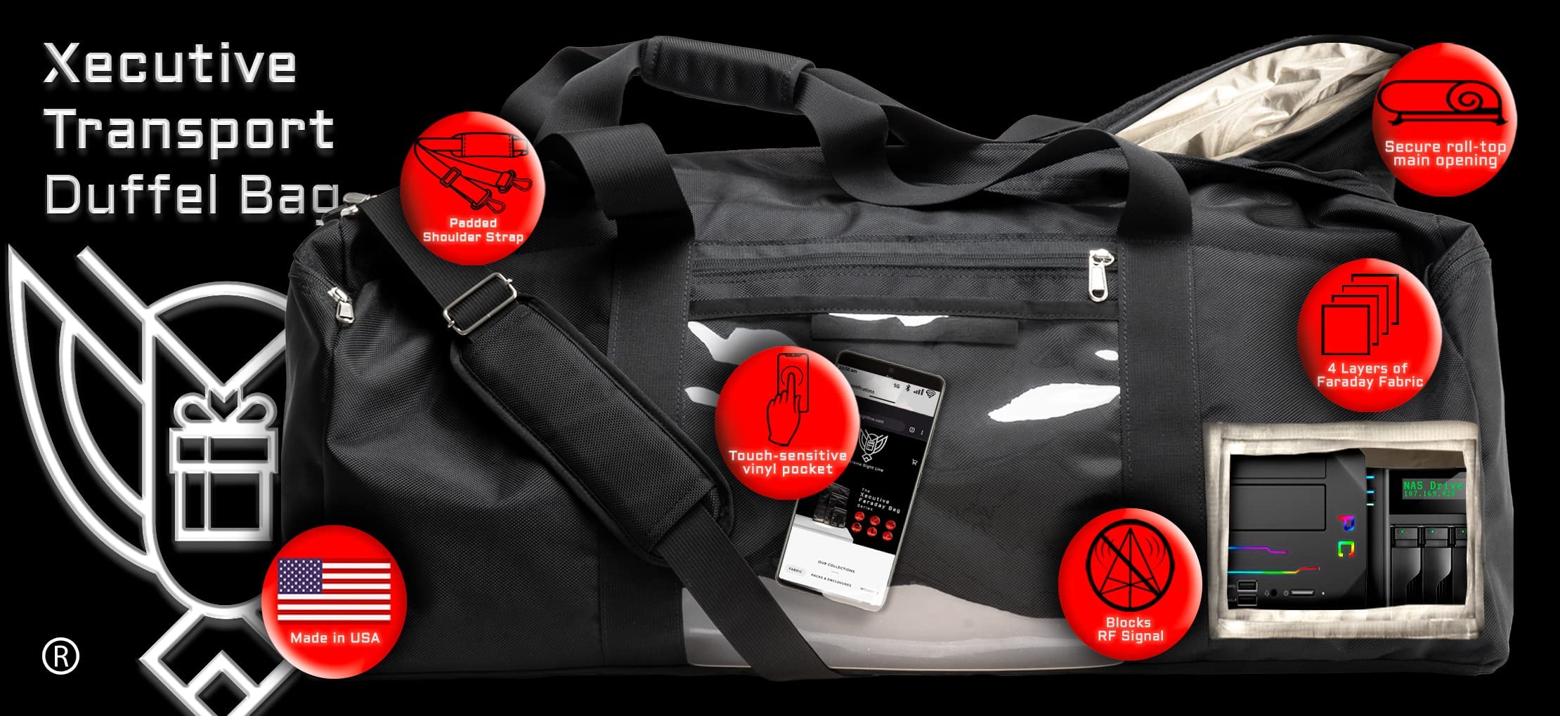 Xecutive Transport Faraday Duffel Bag - Military Grade Anti-Theft Bag with MOLLE System for Laptops, Tablets & Large Electronics - RFID Blocking for Data Security & Hacking Protection - Ideal for Executive Travel, Business Trips & Outdoor Adventures