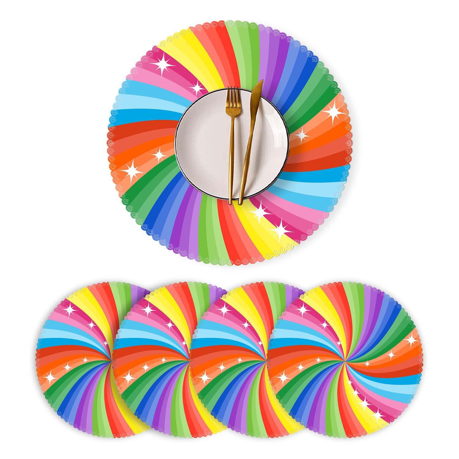 **Round Heat-Resistant Washable Polyester Placemats Set of 4 - Rainbow Swirl Design for Kitchen & Dining Table Decor | Perfect for Everyday Meals, Parties & Holiday Gatherings**