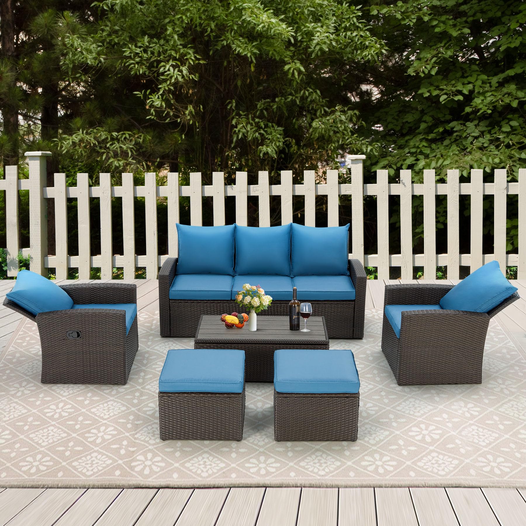 GYUTEI 6-Piece Outdoor Patio Furniture Set - Navy Blue Rattan Sectional Sofa with Ottoman & Storage Table - Weather-Resistant Garden, Porch, Backyard Conversation Set for Relaxing & Entertaining