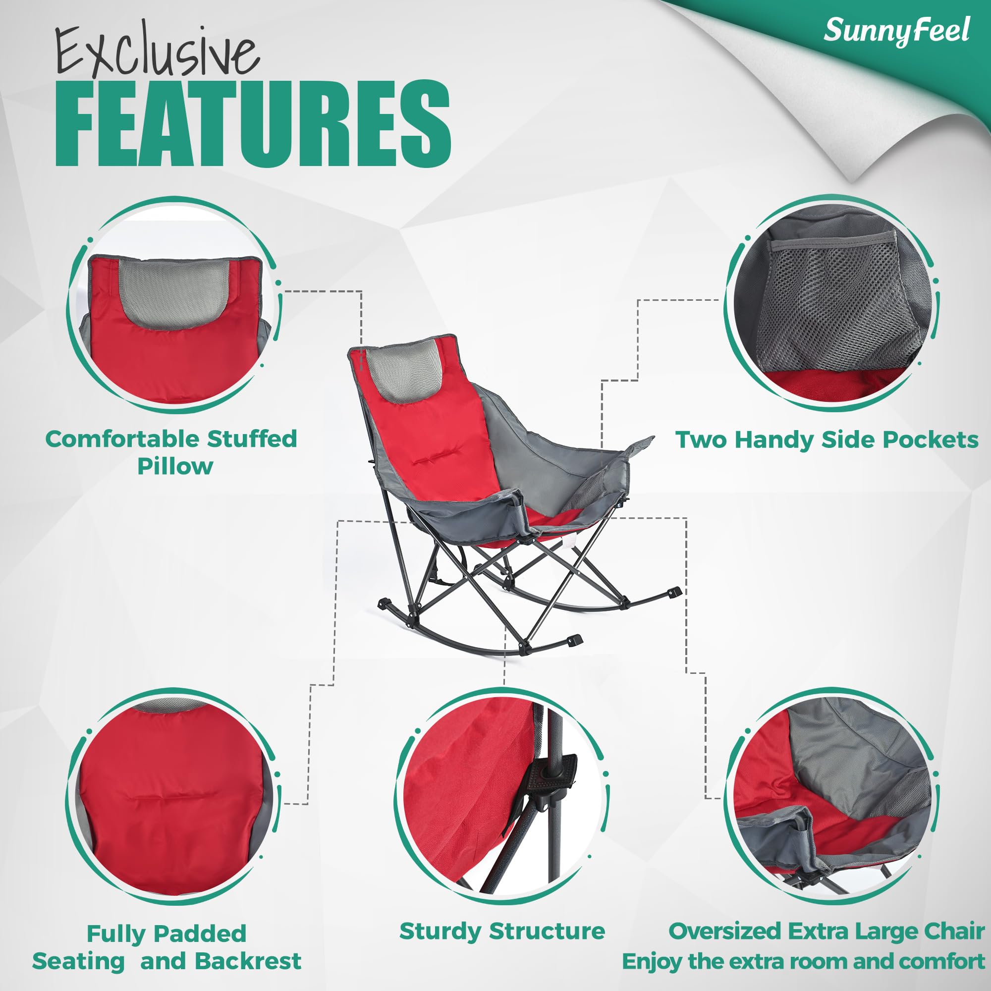 **SUNNYFEEL Premium Rocking Camping Chair - Heavy Duty Oversized Folding Recliner with Padded Seat & Storage Pocket - Portable Outdoor Lounge Chair for Camping, Picnics, Beach, Patio & Backyard Relaxation - Includes Carry Bag**