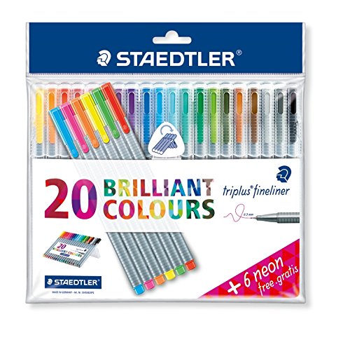 Staedtler 334 Triplus Fineliner Pens - 0.3mm Superfine Point, 20 Assorted Colors + 6 Free Bonus Pens - Perfect for Bullet Journaling, Note Taking & Art Sketching