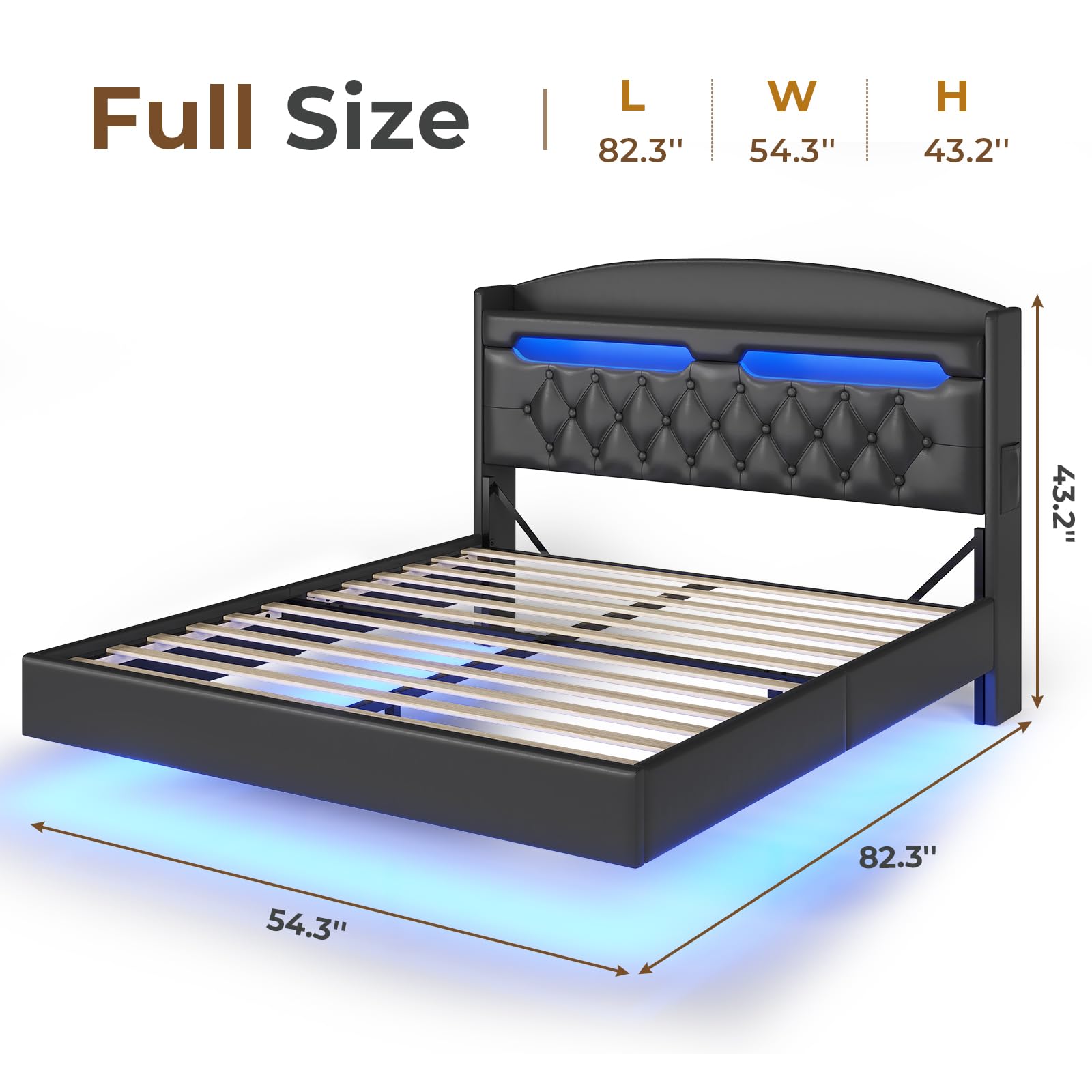 ADORNEVE Full Size Floating Bed Frame with Hidden Storage Headboard & LED Lights - Upholstered Leather Platform Bed with USB Charging Station, No Box Spring Needed (Black) - Perfect for Modern Bedrooms, Small Spaces & Luxury Home Decor
