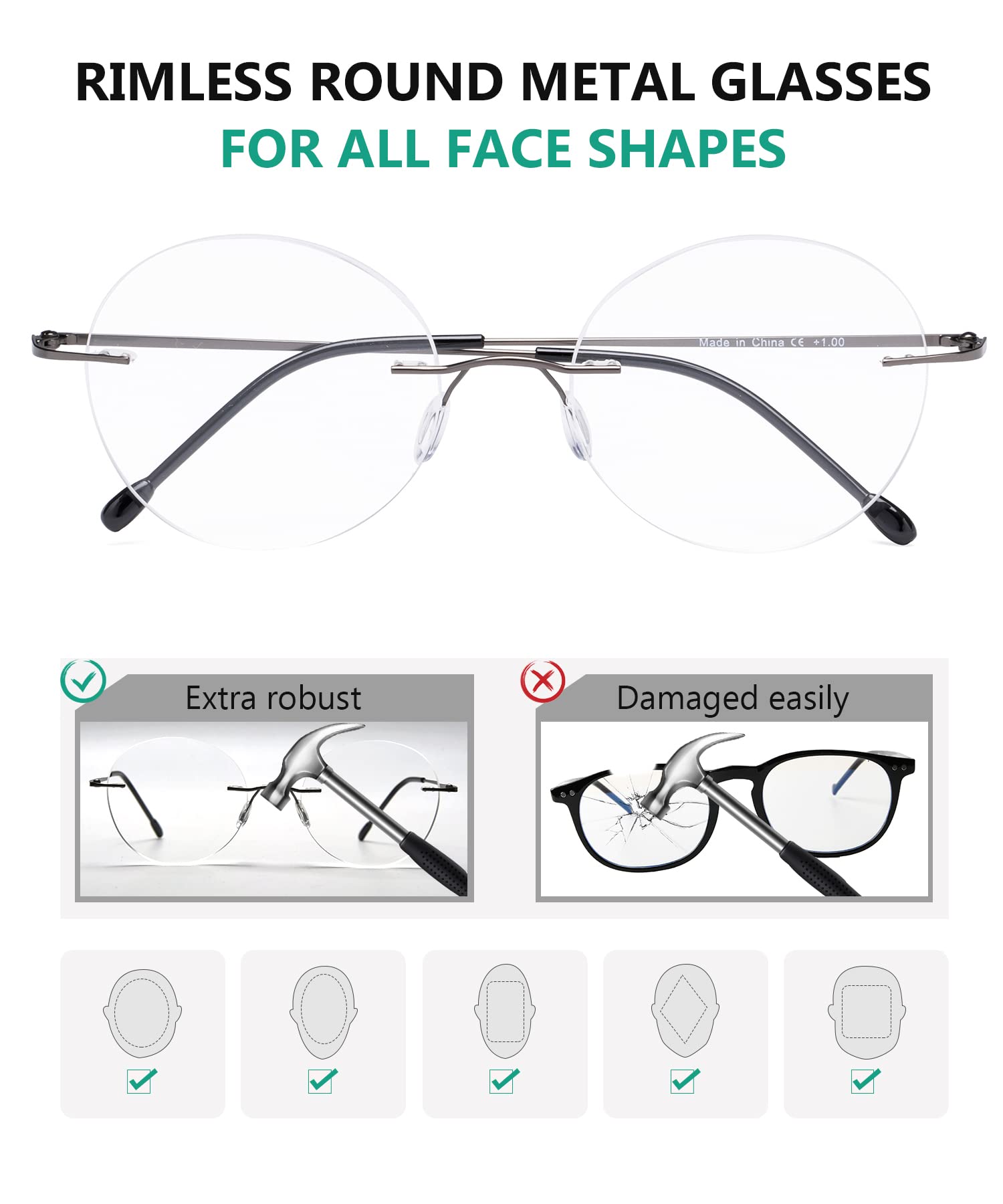 Frameless Reading Glasses for Women & Men - Lightweight Round Rimless Readers for Computer, Office, and Daily Use