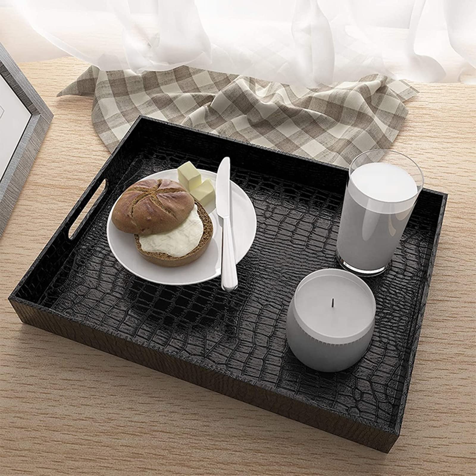 Lyellfe Black Faux Leather Serving Tray - 17x12 Inch Ottoman Tray for Coffee Table & Living Room Decor