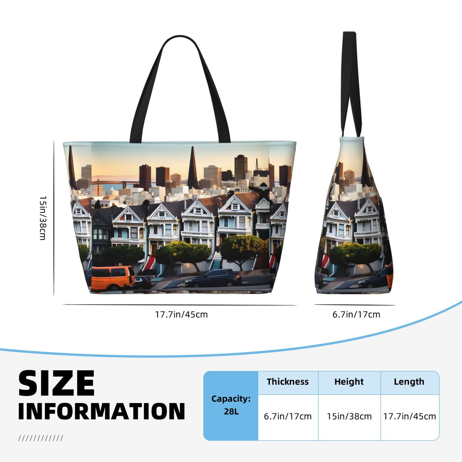 NOUZU San Francisco Print Beach Tote - Extra Large Travel Bag for Women (Black) - Beach & Vacation Essential