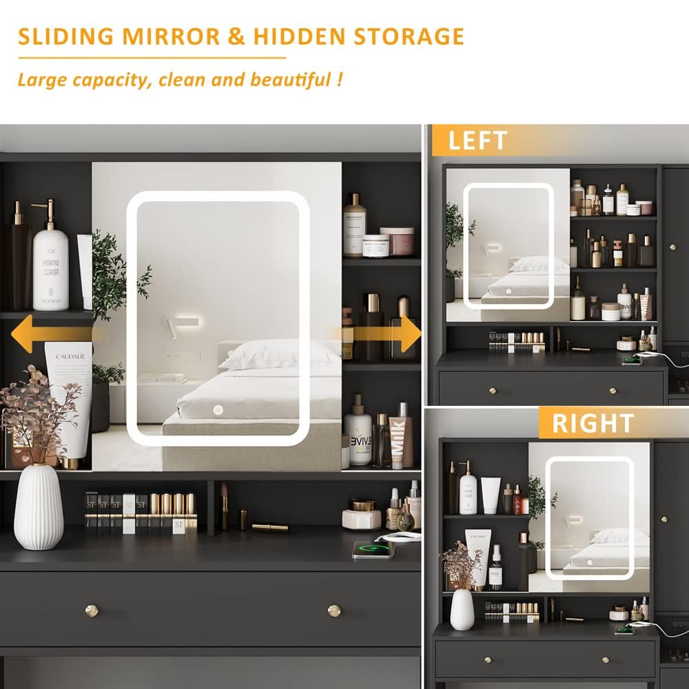 Vabches Vanity Desk with Mirror and LED Lights, 3 Drawers Makeup Vanity Table with Charging Station, Sliding Door & Storage Shelves - Perfect for Bedroom, Dressing Room & Beauty Salon Organization