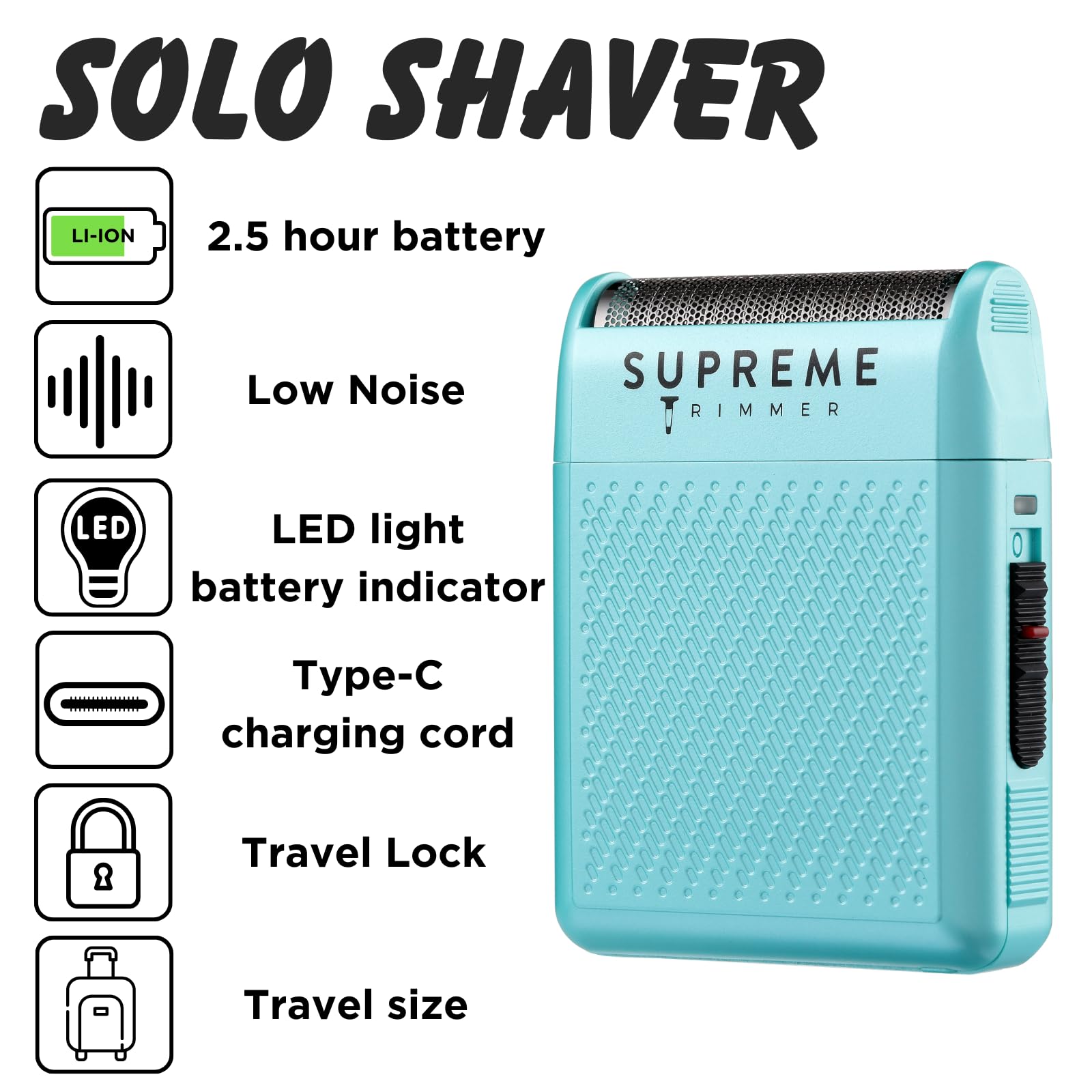 Supreme Trimmer Solo STF101 - Cordless USB-C Men's Foil Shaver | 150 Min Runtime, Powerful & Compact for Travel | Professional Barber & Home Use | Light Blue | Perfect for Business Trips, Gym Bags & Daily Grooming