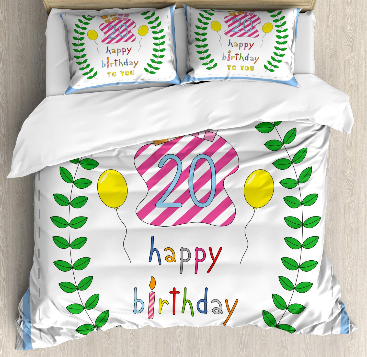 Ambesonne 20th Birthday Duvet Cover Set - 3 Piece California King Bedding with Balloons & Party Decor (Green, Blue, Pink) | Perfect for Surprise Parties & Teen Bedroom Decor