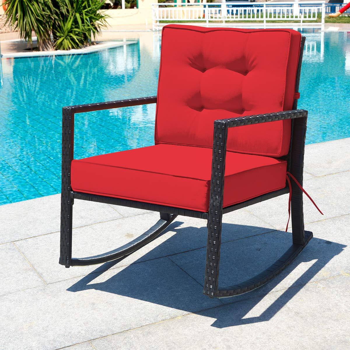 Hysache Patio Rocking Chair - Rattan Wicker Rocking Armchair with Thick Cushion & Sturdy Steel Frame - Outdoor Wicker Furniture for Poolside, Garden, Porch, Backyard (Red) - Perfect for Relaxing, Sunbathing & Outdoor Lounging