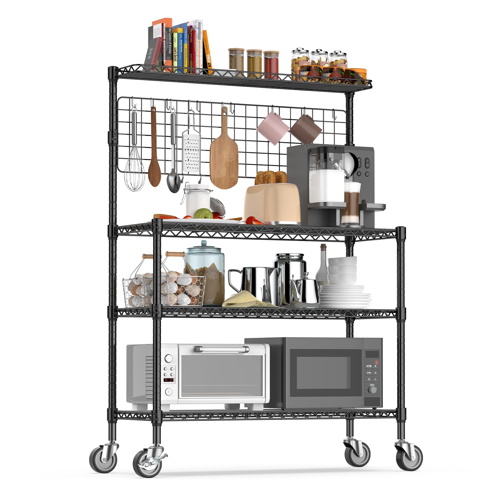 42 Inch Heavy Duty Bakers Rack with Storage & Wheels - 4-Tier Metal Kitchen Shelves, Microwave Stand & Utility Cart with 20 S-Hooks (42×18×63 Inch, Black) - Perfect for Commercial Kitchens, Bakeries, Restaurants & Home Cooking Spaces