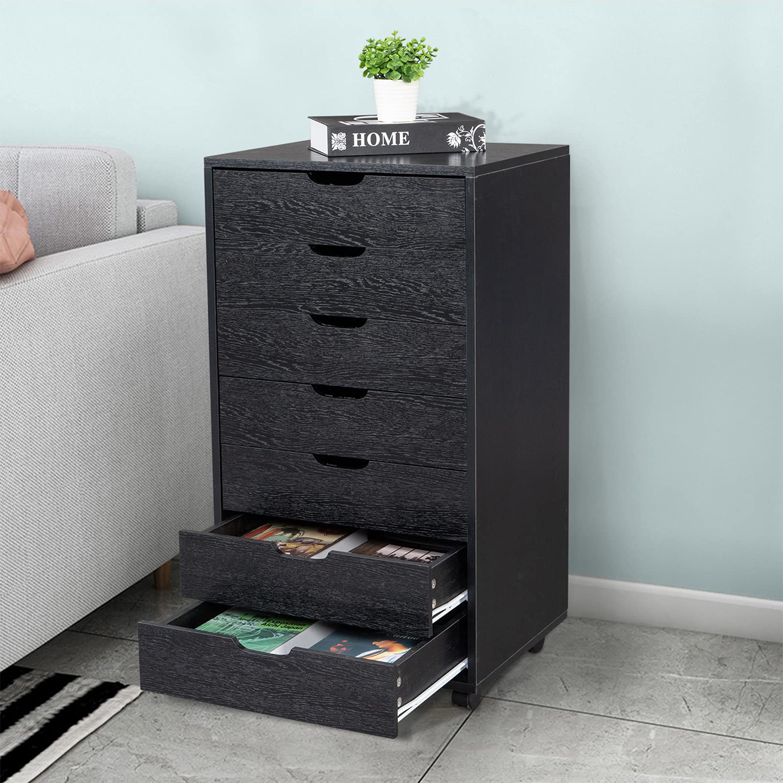 LIYUEUS 7-Drawer Mobile Vertical Wooden Filing Cabinet with Wheels - Letter/A4 Size File Organizer for Office, Home, or School (Black) - Perfect for Document Storage and Organization