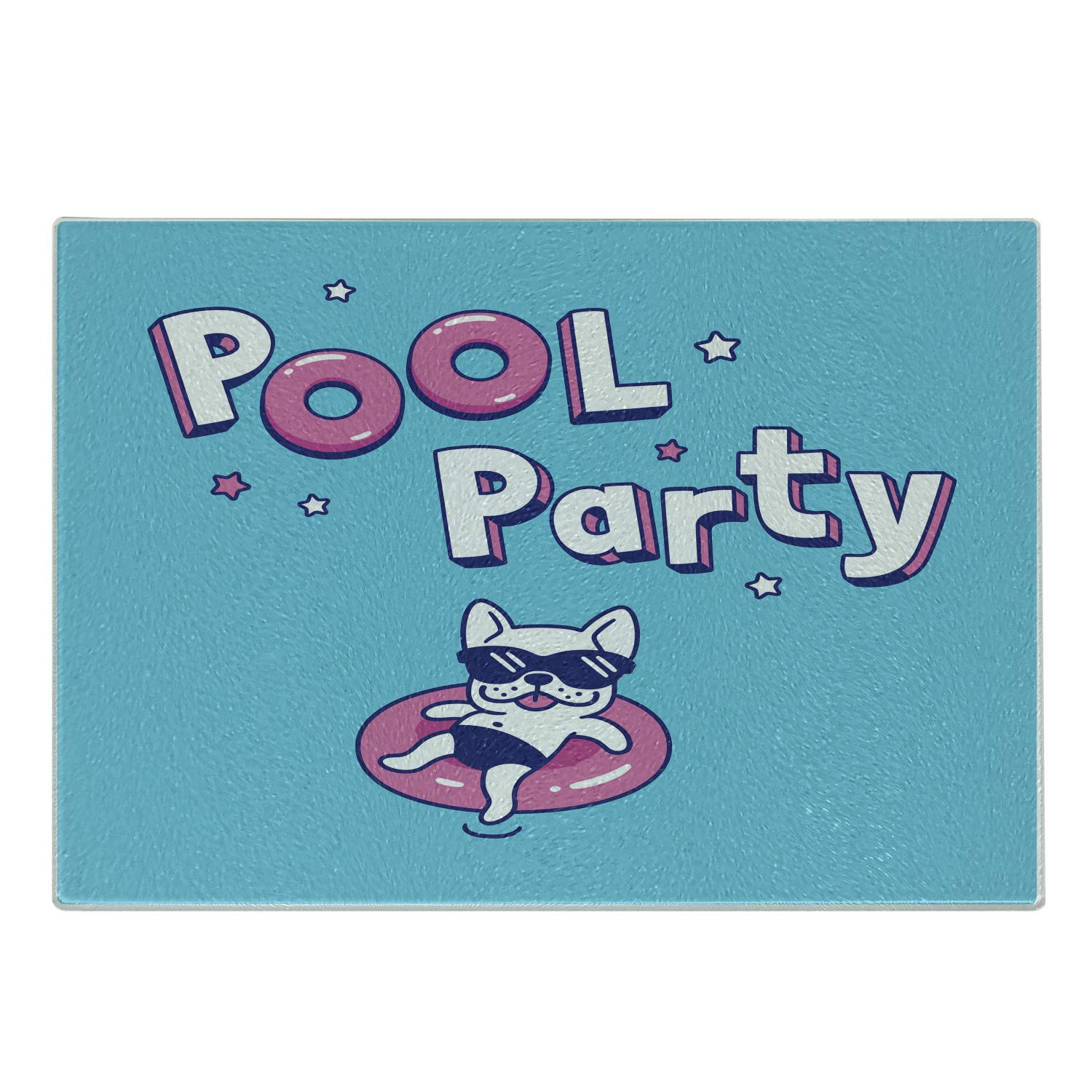 Ambesonne Cartoonish Starry Pool Party Cutting Board with Funny Dog - Tempered Glass Serving Board for Cheese, Charcuterie & Appetizers - Small Size Deep Sky Blue Pink - Perfect for Parties, BBQs & Entertaining