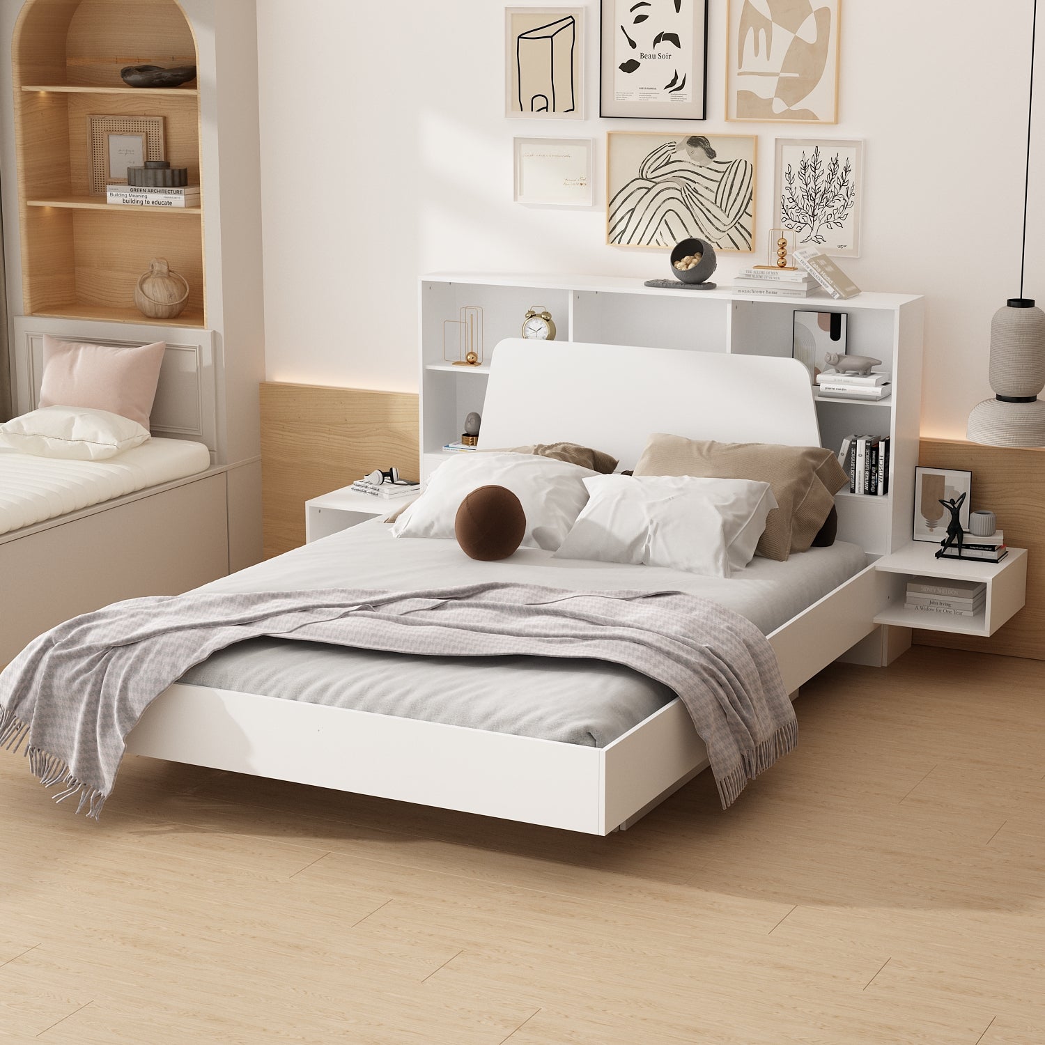 Queen Size Bed Frame with Built-in Nightstands and Storage Drawers - USB Outlet & Power Strip - Perfect for Small Bedrooms & Studio Apartments