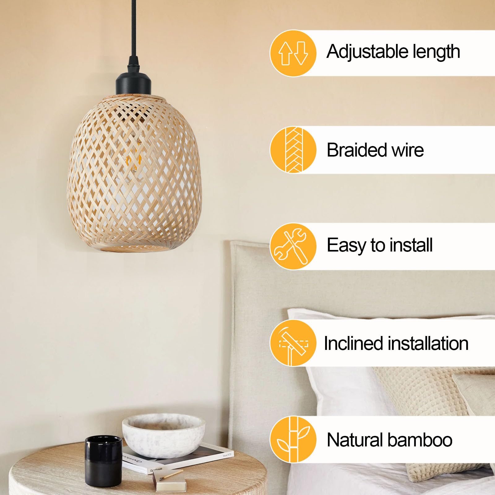 TERLEENART Set of 2 Bohemian Rattan Pendant Lights - Mid Century Modern Woven Bamboo Chandeliers for Kitchen, Dining Room, Living Room & Bedroom - Perfect for Farmhouse, Coastal & Boho Decor Styles