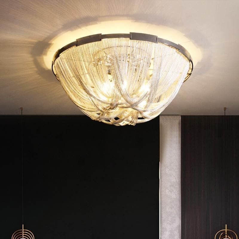Alisa Luxury Aluminum Chain Tassel Flushmount Ceiling Light - Modern Crystal Pendant Lighting Fixture for Bedroom, Living Room & Dining Room