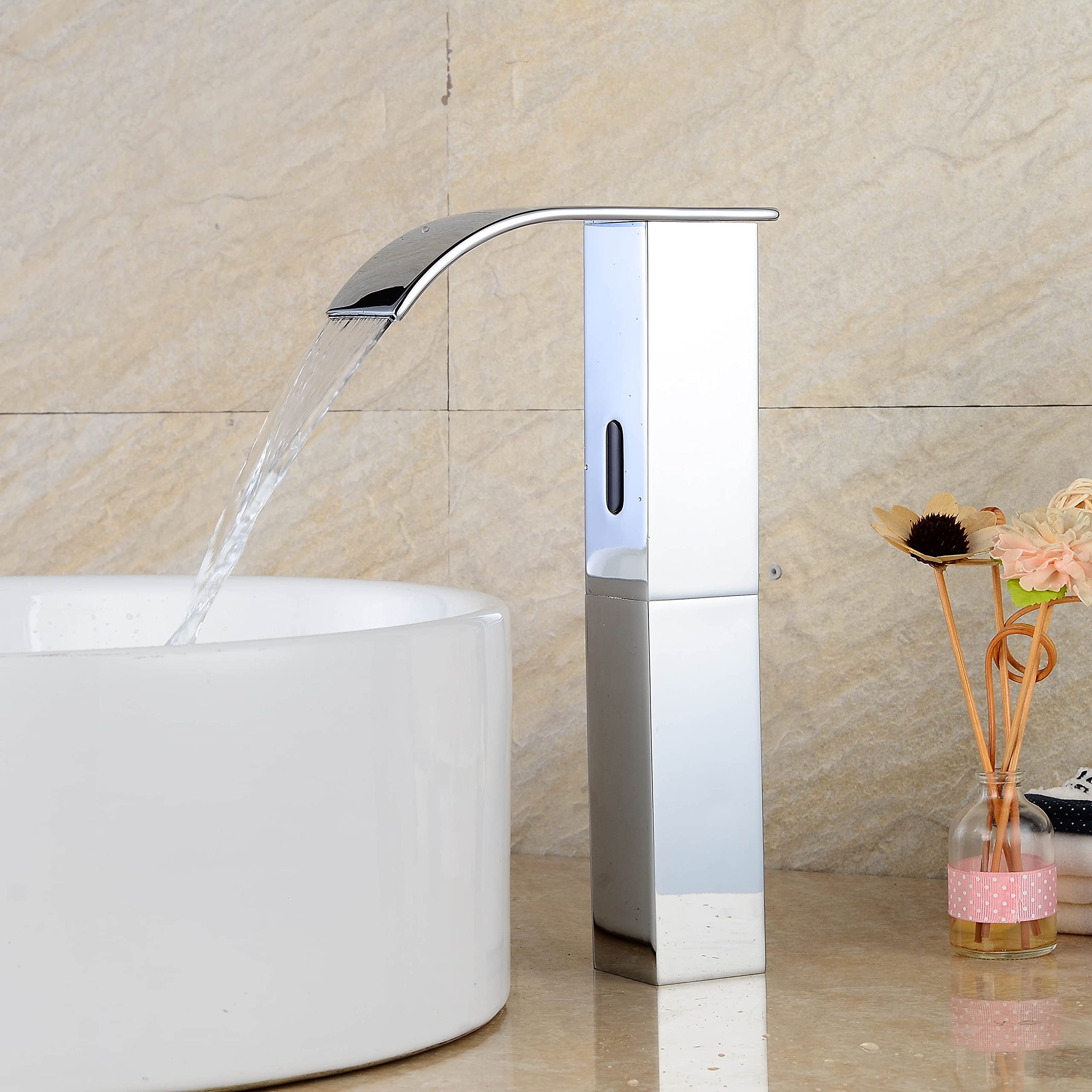 Touchless Automatic Faucet - Square Tall Body Motion Sensor Waterfall Sink Faucet with High Chrome Finish - Perfect for Modern Bathrooms & Water-Saving Homes