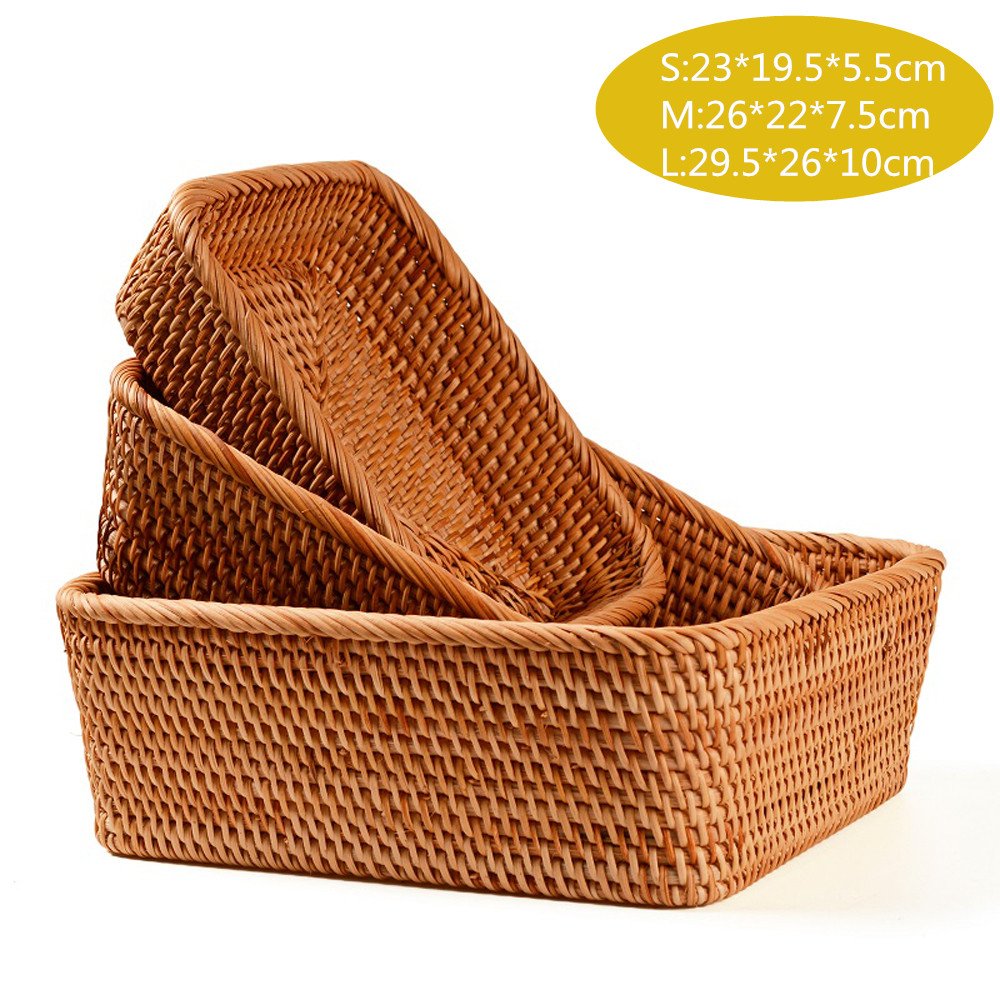 Handmade Rectangle Rattan Basket - 11.6 Inch Large Brown Woven Storage Tray for Fruits, Snacks, Bread, Keys & Magazines | Natural Home Decor Serving Bowl for Kitchen, Living Room & Bedroom Organization