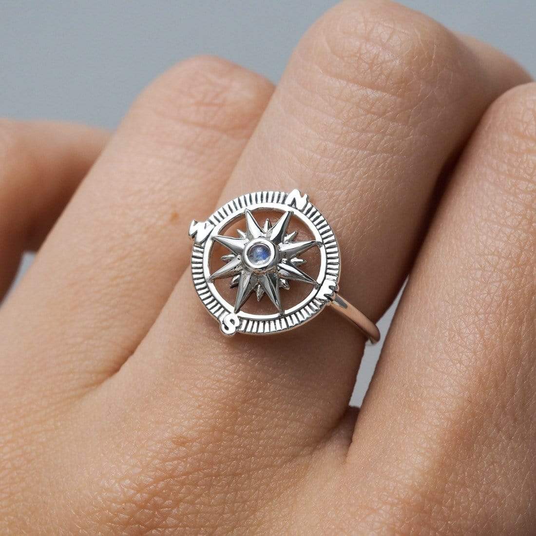 Guiding Light Compass Moonstone Ring - Elegant Silver Jewelry for Women | Perfect for Travel, Outdoor Adventures & Spiritual Healing