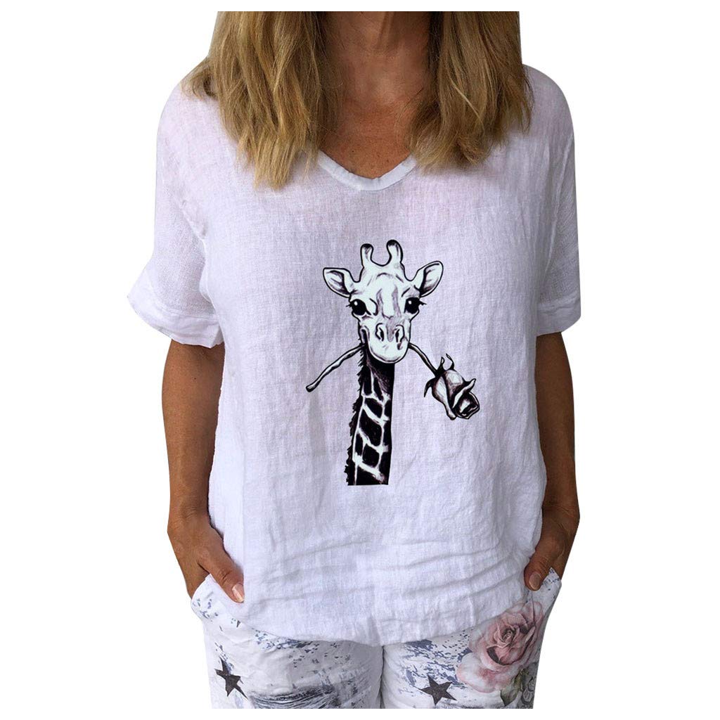 Women's Casual Summer Graphic T-Shirt - Giraffe Biting Rose Print Short Sleeve V-Neck Blouse | Perfect for Beach Outings, Weekend Wear & Summer Fashion