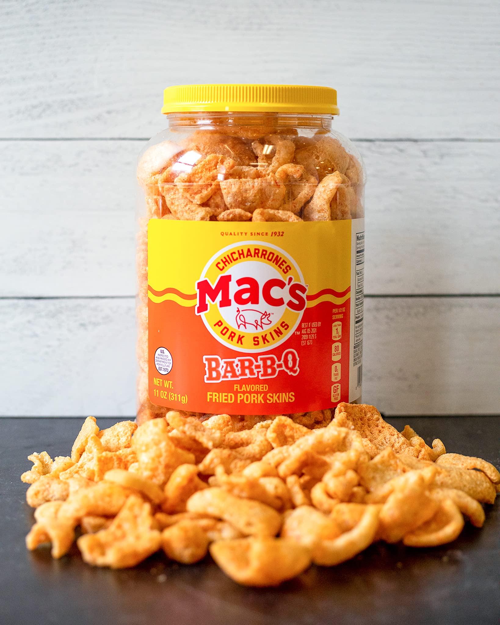 Organic Mac's BBQ Pork Skin Canisters - Gluten Free, Keto Friendly Snacks, 7.5oz (Pack of 6) - Perfect for Low Carb Diets, Office Snacking & Game Day Parties