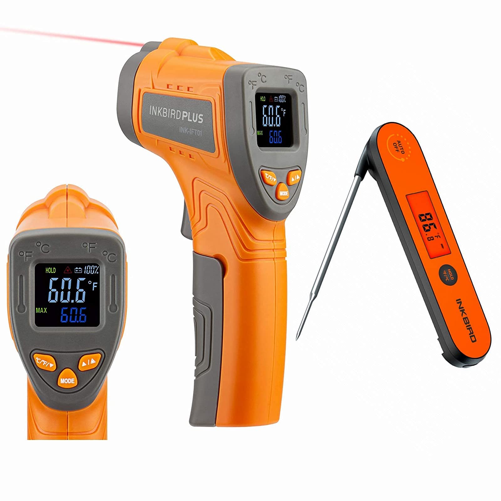 INKBIRD IFT01 Infrared Thermometer Gun with Laser Pointer -58°F to 1022°F (-50°C to 550°C) & IHT-1P Instant Read Digital Meat Thermometer - Dual Function for Cooking, BBQ, Pizza, Oven, HVAC, Automotive and Industrial Use
