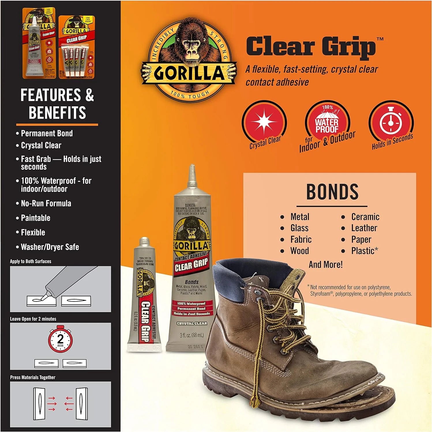Gorilla Clear Grip Waterproof Contact Adhesive - 4 Pack (0.2 oz Tubes) - Strong Bonding Glue for DIY, Crafts, Home Repairs & Outdoor Projects