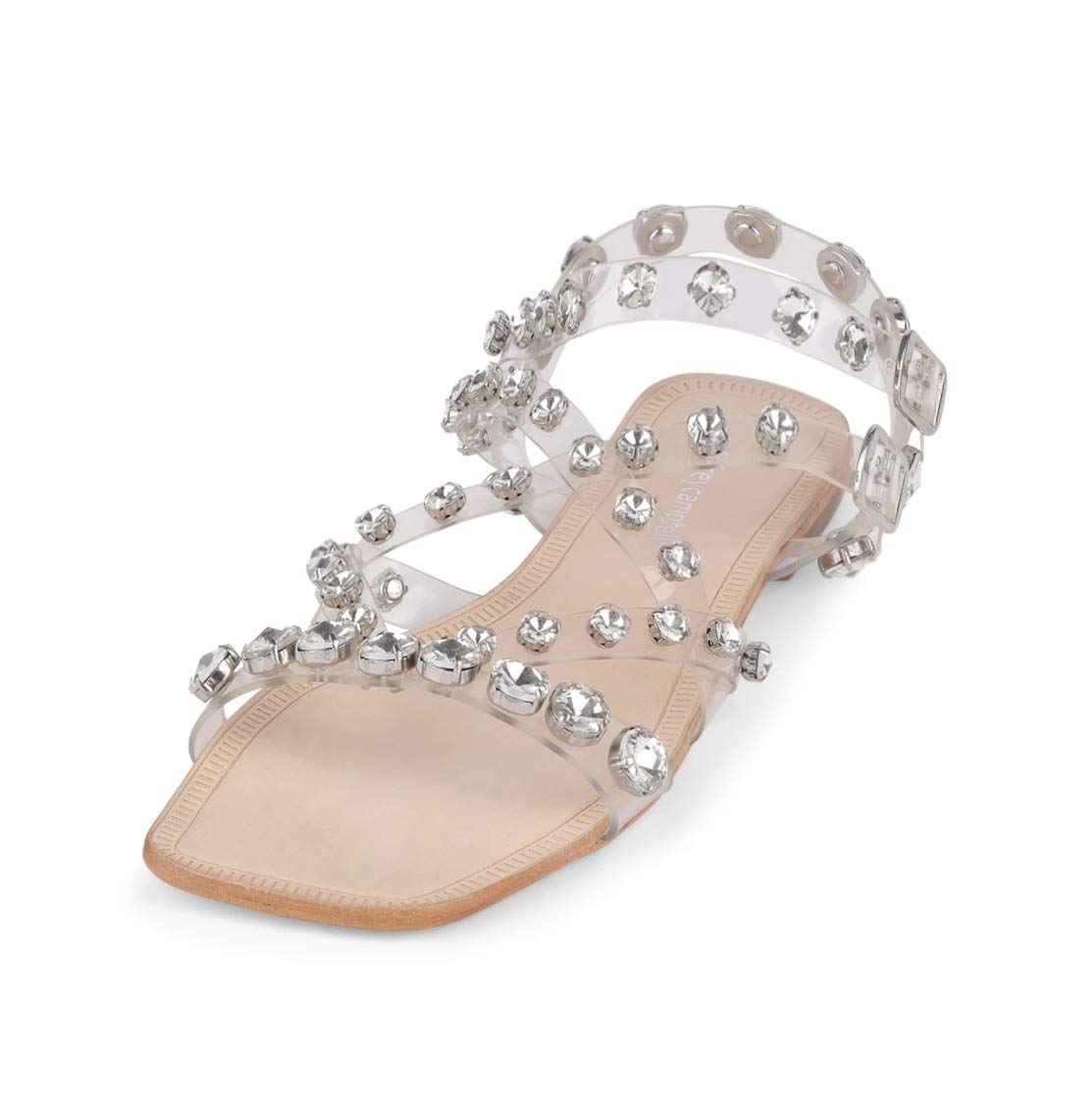 Jeffrey Campbell Calath Women's Studded Flat Sandals - Clear Nude Pearl Open-Toe Summer Sandals for Beach, Vacation & Casual Outfits