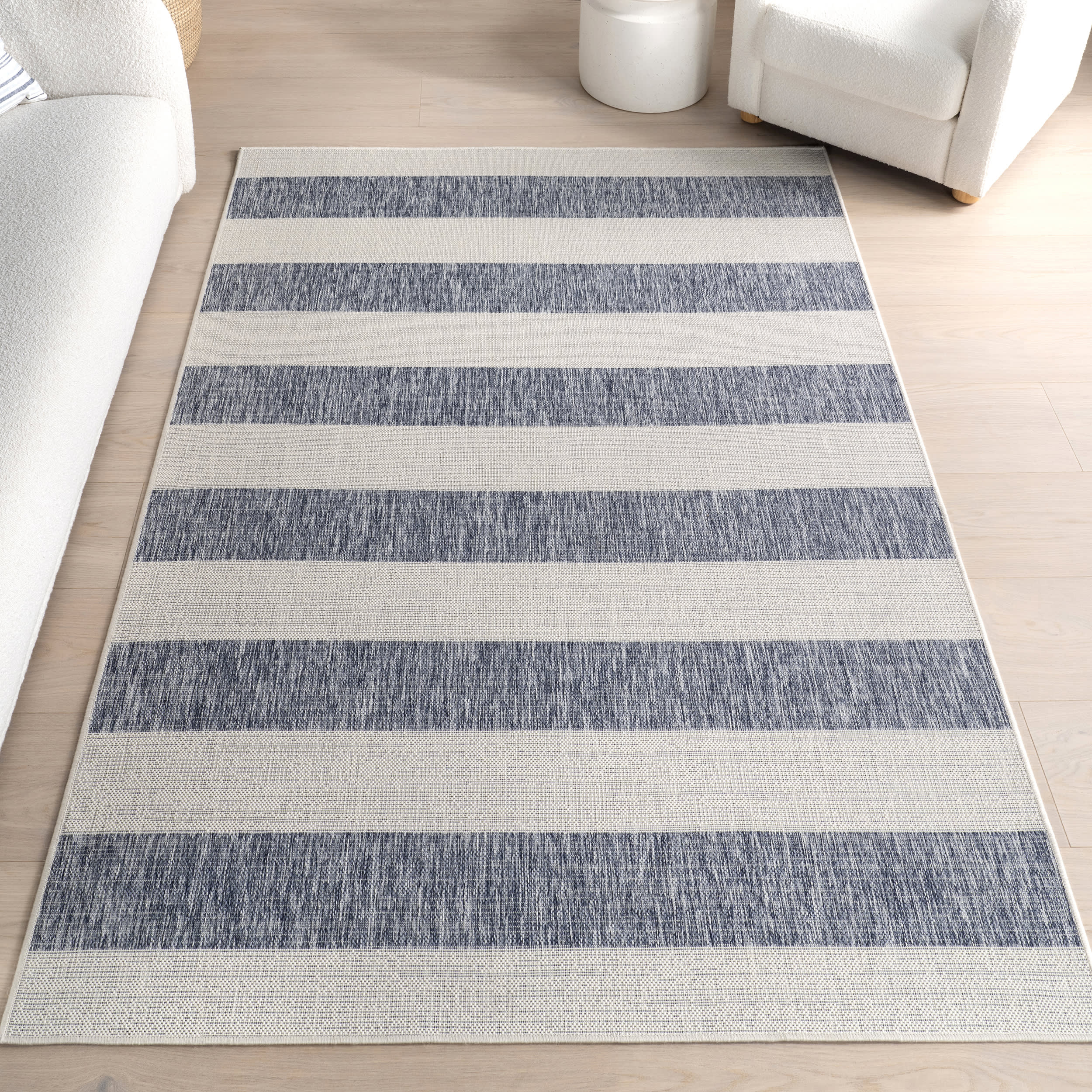Ariah Blue Wide Stripes Indoor Outdoor Area Rug - Soft Non-Slip Floor Mat for Living Room, Bedroom, Patio & Deck Decor