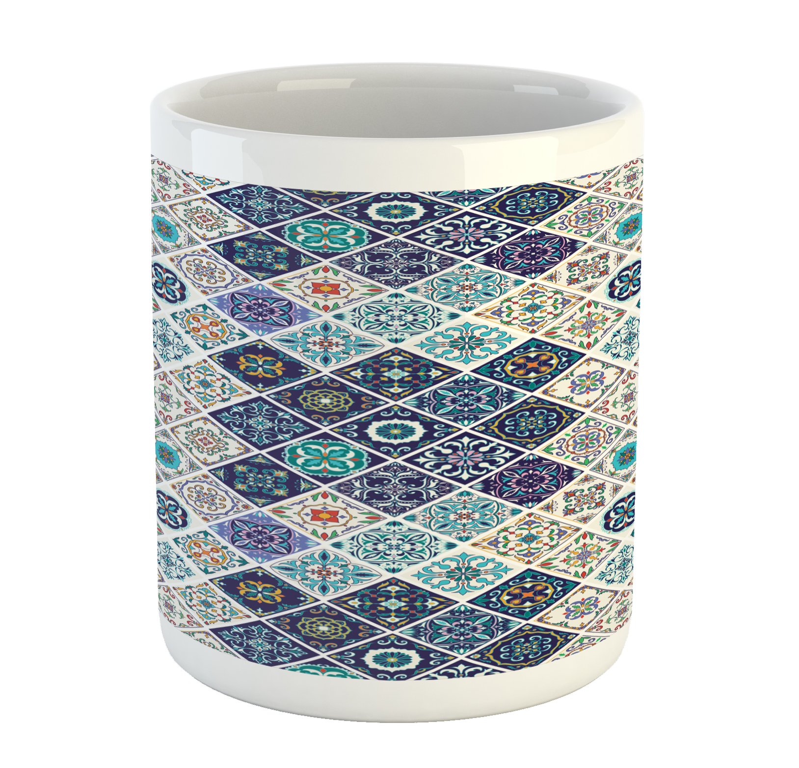 Ambesonne Traditional Portuguese Azulejo Mosaic Coffee Mug - Moroccan Ceramic Design Printed Tea Cup for Hot & Cold Drinks - Perfect for Home, Office, and Gift Giving