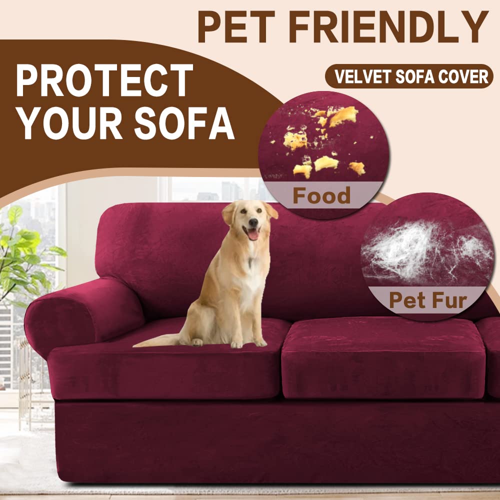 Velvet T-Cushion Sofa Slipcover 3-Piece Set - Soft Stretchable Couch Cover for Loveseat XL with 2 Individual T-Cushion Seat Covers - Burgundy Furniture Protector for Living Room, Apartment & Home Decor